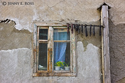 Detail of a Chukchi house, with fresh walrus meat hanging outside to dry